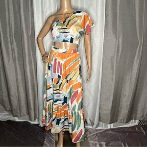 SHEIN Breezaya Allover Print Crop One Shoulder Blouse Ruffle Hem Skirt